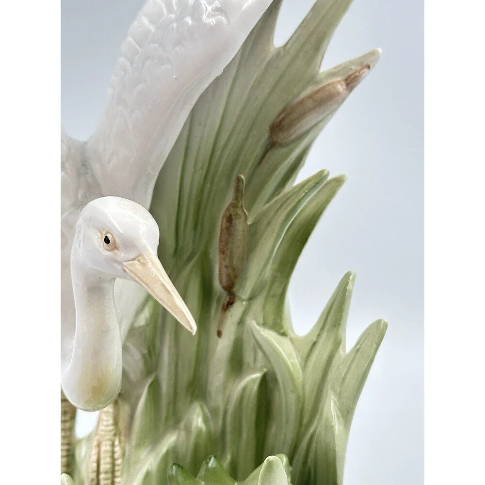 Vintage Fitz & Floyd Egret Heron Candleholder 1986 Porcelain Reeds & Cattails